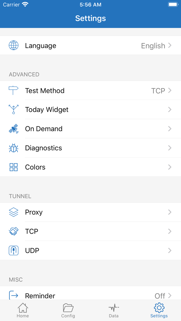 Shadowrocket 官方 App Store 截圖：Settings 頁面的 Test Method、On Demand 與 Diagnostics