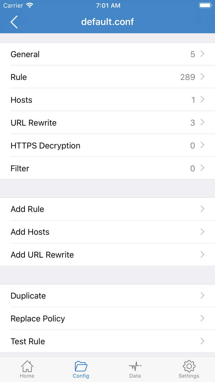 Shadowrocket 官方 App Store 截圖：Config 設定檔編輯頁中的 General、Rule 與 Add Rule