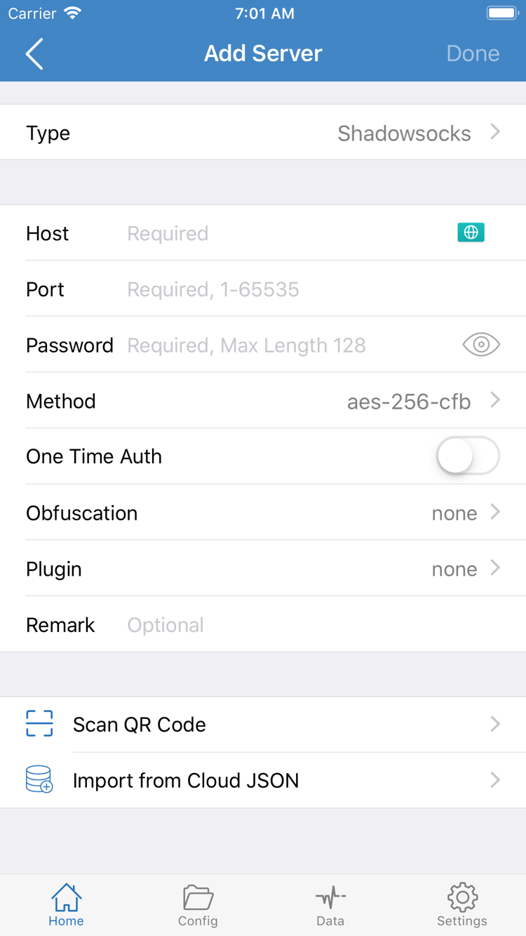 ShadowrocketのApp Store公式スクリーンショット：Add Server画面にType、Host、Portなどの項目を表示